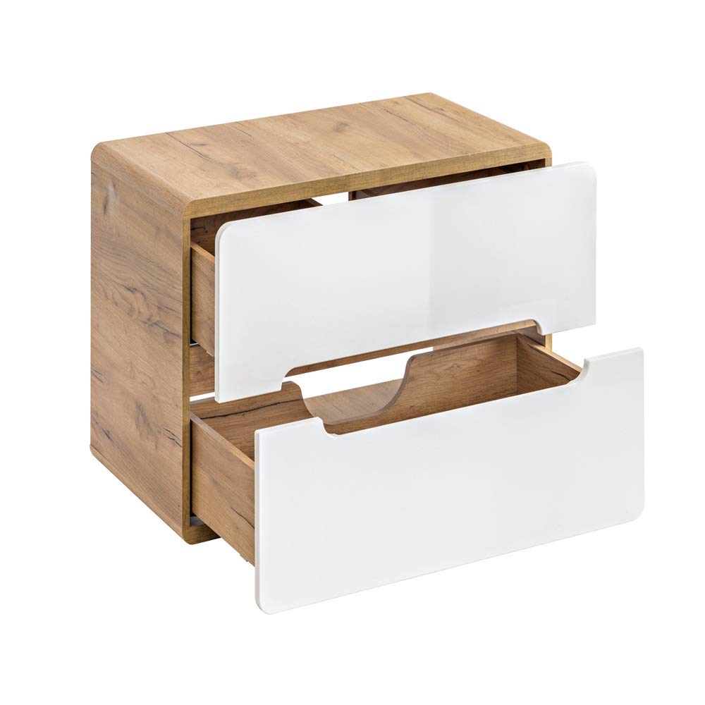Lomadox Badmöbel Waschbeckenschrank Waschtisch-Unterschrank 60 cm Hochglanz weiß mit Wotan Eiche Nb., 2 Softclose-Schubkästen, B/H/T ca. 60/53/46 cm