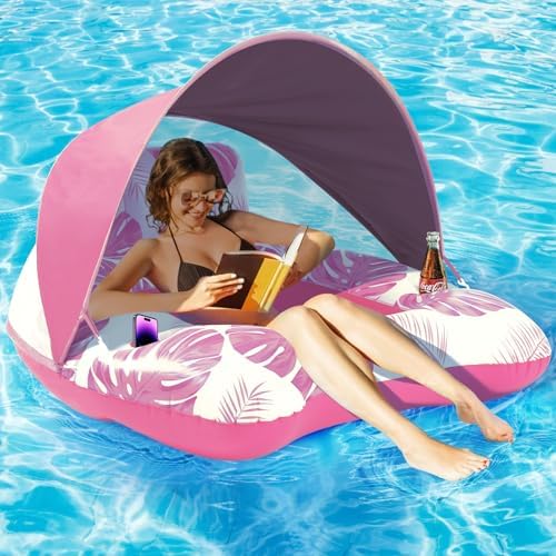 【Upgraded】 Pool Floats Adult with Canopy, XL Inflatable Pool Floaties for Adults Heavy Duty, Pool Chair and Lounge for Swimming in Pool Beach Lake, Float for Pool Floating with Cup Holder, Backrest