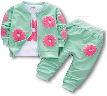 Spring Autumn 0-4 Years Old Girls Printed Coat+Long Sleeve T-Shirt+Casual Pants 3pcs Clothing Suit.