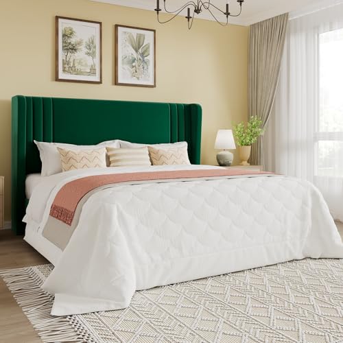 SHA CERLIN Queen Size Velvet Upholstered Platform Bed Frame with Vertical Channel Tufted Wingback Headboard, Wooden Slats Support, Easy Assembly, Under Bed Storage, No Box Spring Required, Green