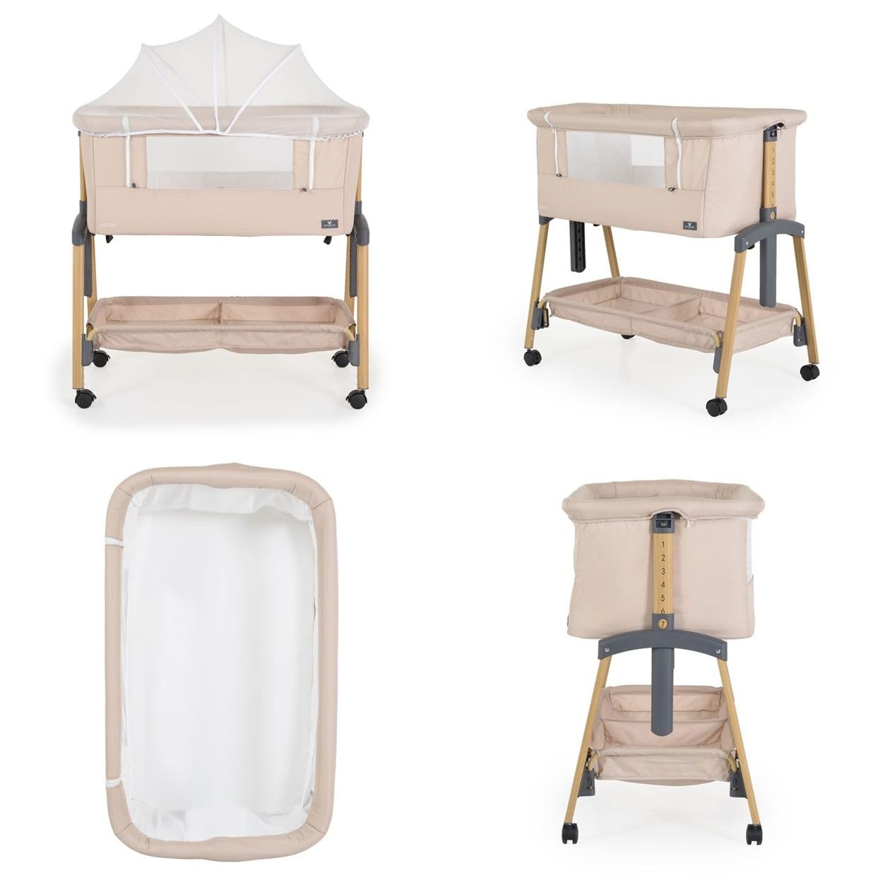 Canguro lettino, culla Adoro, regolabile, materasso, zanzariera, ruote, colorazione:beige