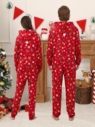 ESHOO Christmas Matching Pajamas for Couples Men Women Stripe Plaid Hooded One Piece Pjs Elk Santa Full Zipper Loungewear2
