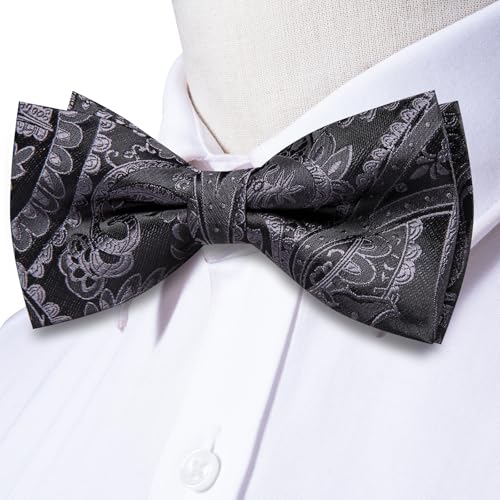 Image of Hi-Tie Bow Tie Men Pre Tied Bowtie Pocket Square Cufflinks Lapel Pin Formal Wedding Bow Ties for Men Party Tuxedo Bowtie Set,Black Paisley Floral