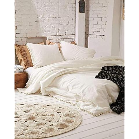 Bohemian Dorm Decor Off White Doona Duvet Cover Pom Pom Mandala Comforter Cover Hippie Bedding Sheet Quilt Cover with 2 Pillows 2 Cushions Set (Double 200x200cm (78 inches x 78 inches)) Cover