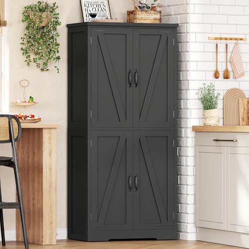 Image of TEENFON 58 inch H Storage Cabinet with Adjustable Shelf, Kitchen Cabinet with 4 Doors, Farmhouse Pantry Cabinets, Cupboard for Kitchen, Bathroom, Living Room, Black