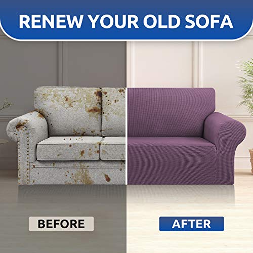 KEKUOU Stretch Oversized Sofa Slipcover 1 Piece Couch Sofa Cover (94"-110") Furniture Protector 4 Seater Sofa with Elastic Bottom for Kids,Pet.Jacquard Checked Pattern Fabric(X Large,Dark Purple)