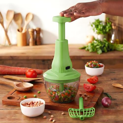 Image of Chopper for Kitchen Use | 650 ml Round Push Chopper with 3 Blades and Whisker | Chopping Vegetables & Fruits, Onion, Ginger, Garlic, Salad, Tomato, Potato (Green)