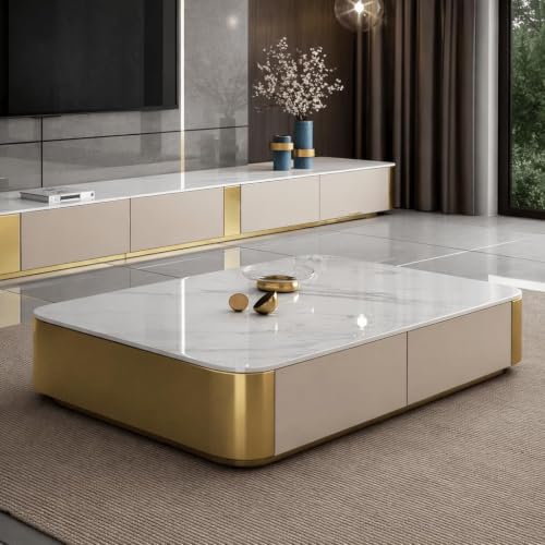 Image of WOODEN SPACE Jaguar Modern Marble Top Coffee Table with Storage | 47.24 Inch Rectangular Centre Table for Living Room | High Gloss Finish (Beige)