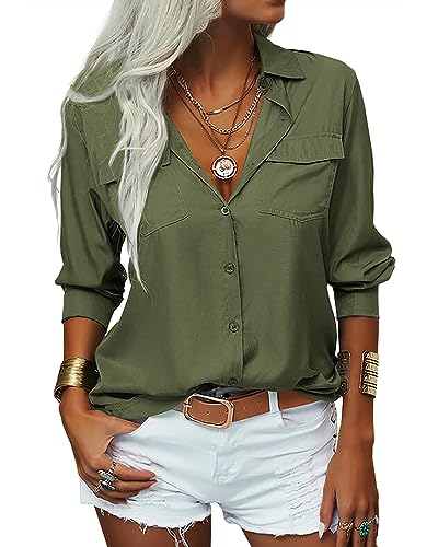 Veatzaer Womens Solid Lapel Long Sleeves Button Down Shirt Top Casual Basic Office Blouse Army Green