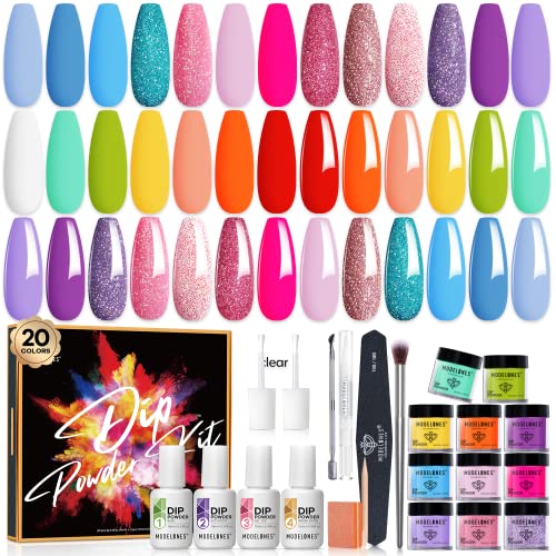 Modelones 32 Pcs Dip Powder Nail Kit Starter, 20 Colors Hot Pink Blue Green Glitter Acrylic Dipping Powder System Essential Liquid Set with Base Top Coat Activator for French Nail Art Manicure DIY Salon Gift All-in-One Beginner Kit