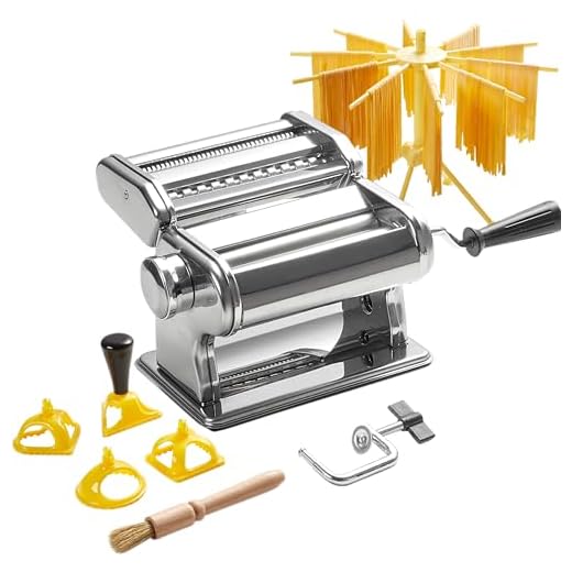 ROSSETTO Manuelle Nudelmaschine mit Trockner, Edelstahl Pastamaschine mit 9 Teigstärken, 2 Schnittbreiten,Für Lasagne, Spaghetti, Fettuccini, Ravioli-Ausstechern