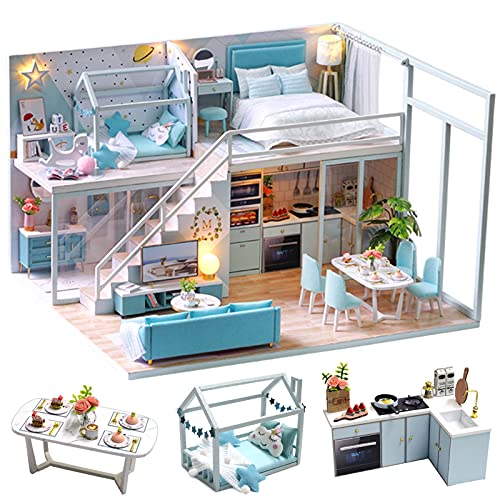 Cuteroom DIY Miniatur Puppenhaus Kits mit Möbeln,DIY hölzernes Puppenhaus-Kit mit Musik-Bewegung und LED Lichter…