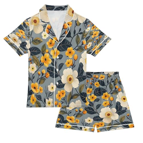 senya Pajama Sets Silky Button Down Nightwear Sleepwear Size 5-14 Years Flower Color Yellow White Pattern