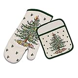 Spode - 2pc Kitchen Set, Matching Oven Mitt & Pot Holder, Holiday Home Decor (Spode Christmas Tree Collection)
