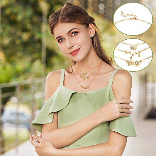 PANTIDE 3Pcs Constellation Zodiac Layer Necklaces for Women Girls, Retro 14K Gold Plated 12 Constellation Pendant Necklace Exquisite Letter Horoscope Old English Zodiac Sign Jewelry Birthday Gift3