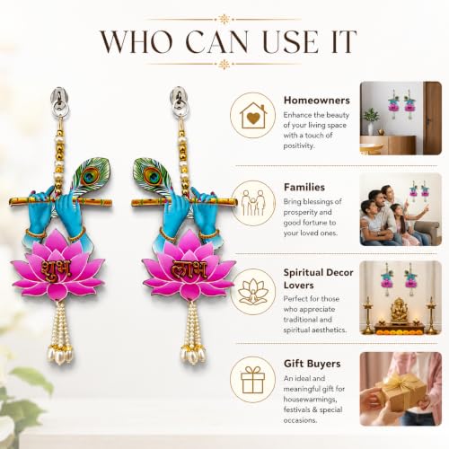 Image of Religious Door Hanging Decor with Pearl Beads & Tassel, Wooden Wall Hanging for Home Temple, Pooja Room, Entrance, Mandir Decoration & Spiritual Gift, Lotus