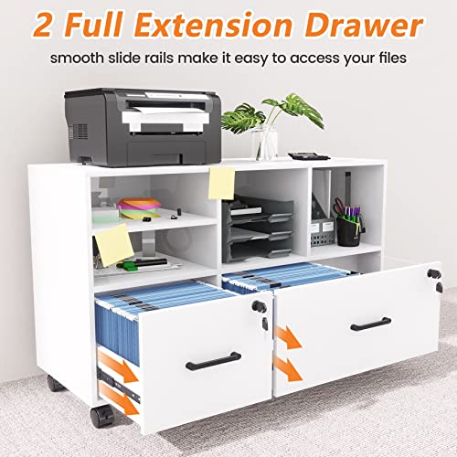 2-Drawer Wood File Cabinet With Lock, Mobile Lateral Filing Cabinet With Adjustable Shelf&Lockable Wheels, Fits Files Letter/Legal/F4/A4 Size, Printer Stand With Open Shelves Office - White #TOP6