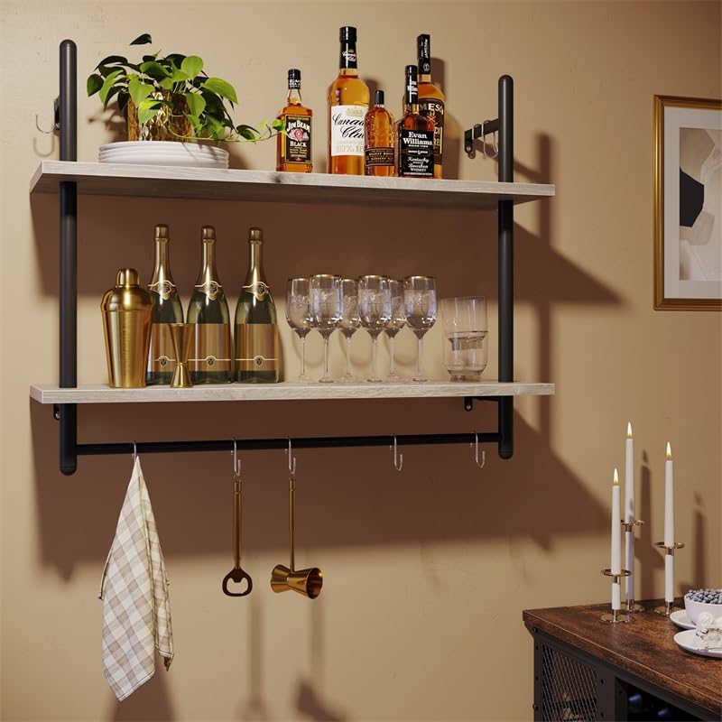 Bestier 40 x 24 x 44 cm, 2-traps zwevend buisrek, industrieel keukenrek, wandladderrek met ronde buizen en haken, houten wandrek voor decoratie en opslag, boekenkast voor woonkamer, keuken