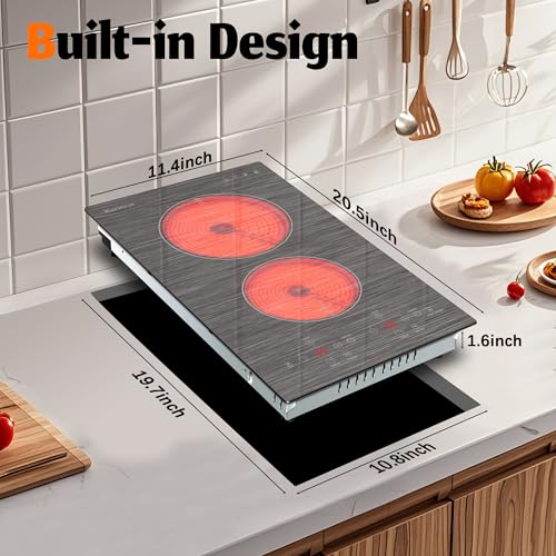 Image of Karinear 2 Burner Electric Cooktop 110V, 12 Inch Countertop & Built-in Electric Stove Top, Plug-in Ceramic Cooktop with Child Safety Lock, Timer, Pause, Smooth Glass Surface with Beautiful Pattern(B)