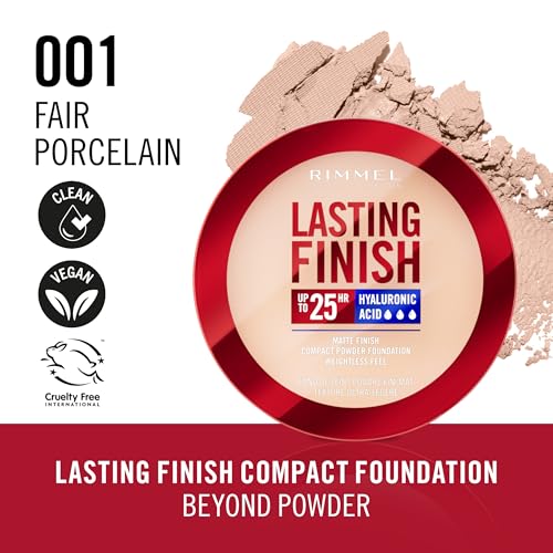 Rimmel Lasting Finish 25 HR Compact Foundation 001 Fair Porcelain, Matte Buildable Coverage, Powder-to-Cream - Image 2