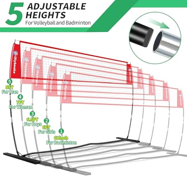 Portable Volleyball Net 5-Height Adjustable for Backyard with Widened Base, Tetoron Net, 6 Metal Stakes and 4 Sandbags, 12ft/14ft Volleyball Practice Training Equipment with Carry Bag