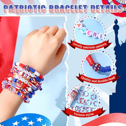 41 Pcs Patriotic Surfer Heishi Bead Bracelets Women Patriotic Stackable Beaded Stretch Bracelets USA Red White Blue Outfit Accessories Jewelry for Labor Day Veteran Day Friendship Gifts3