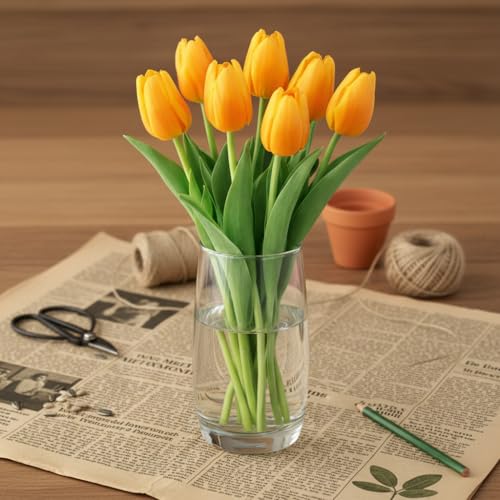 Image of Artificial Tulip Flower Stems (Pack of 5, Vase Not Included) - Realistic Faux Flowers for Home Decor, Living Room, Bedroom, Office, Wedding Decoration (Yellow Shade)