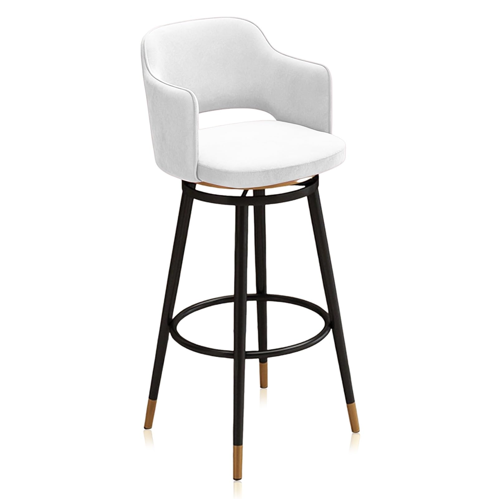 Luxury Barstool Counter Height Bar Stools Set of 1, Swivel Velvet Upholstered Chairs with Black Footrest and Back, Mid Century Bar Chair Modern Barstools for Kitchen Island(White,65cm(25.6in))