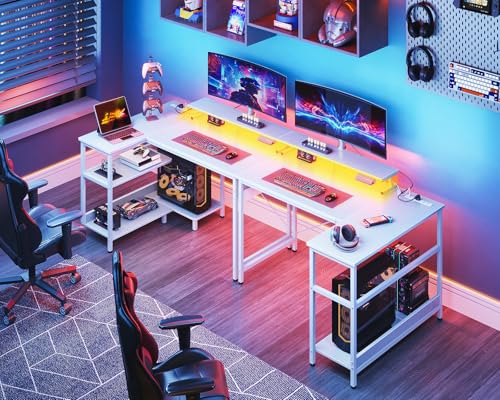 ODK-40-Inch-Gaming-Desk-with-USB-Charging-Ports-and-LED-Lights-Reversible-L-Shaped-Computer-Desk-with-Storage-Shelves-Monitor-Stand-Corner-Home-Office-Desk-Table-with-Power-Outlets-White
