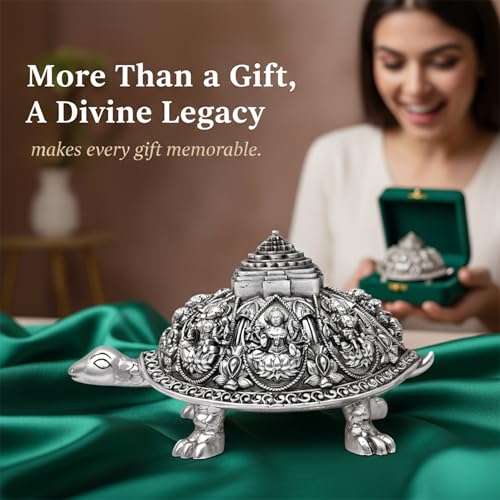 Image of 999 Pure Silver Plated Ashta Lakshmi Tortoise Idol | Vastu Home Decor for Pooja Room & Mandir | Turtle Showpiece for Prosperity & Good Luck (4.7 inch)