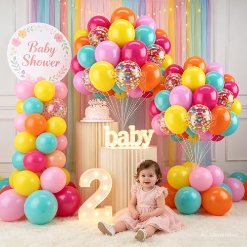 Image of Zesliwy Rainbow Balloons,50pcs 12inch Summer Balloons Orange Yellow Hot Pink Balloons Teal Blue Dark Pink Balloon with Colorful Confetti Balloon for Tropical Birthday Wedding Hawaiian Party Decor