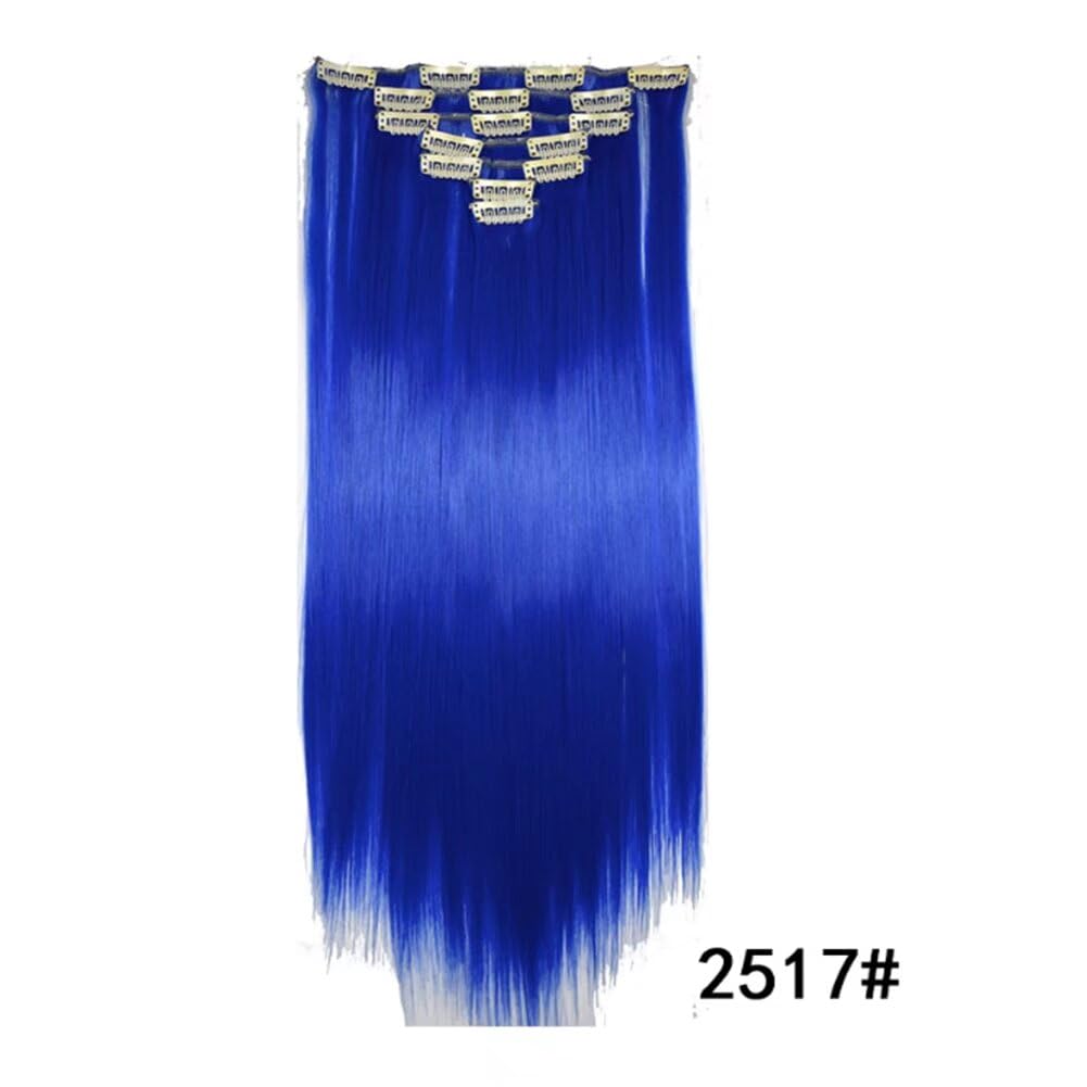 LaLuLoLi Fashion Blue Synthetic Heat Resistent Fiber Clip on Hair Extension 100g 22" 7pcs/16clips/pack Long Full Head Clip in Straight Hair Extensions for Women Girl Lady - Image 2