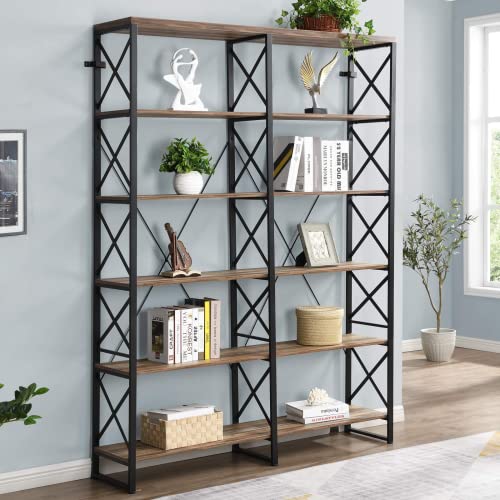 Homyshopy Double Wide 6-Tier Bookshelf 76” H, Industrial Display Shelves With Metal Frame, Large Bookcase For Living Room, Study And Library (Vintage Brown) #TOP5