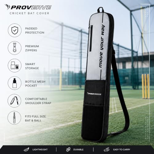 Image of Padded Cricket Bat Cover Full Size | Lightweight Durable Cricket Bat Carry Case with Utility Pocket & Shoulder Strap | Protective Bat Bag for Practice & Matches | Grey & Black