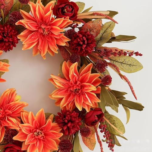 Corona de otoño para exterior fabricada artesanalmente con flores densas para jardín 7