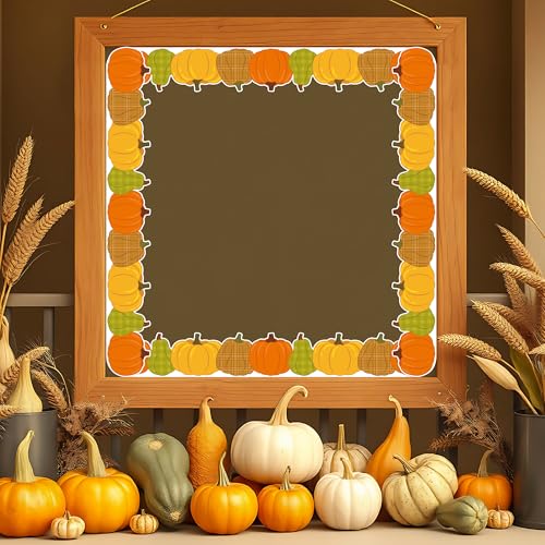 Image of BeYumi Fall Pumpkin Border Trim - 65ft Fall Plaid Pumpkin Shape Rolled Border Trim Autumn Thanksgiving Halloween Bulletin Board Set Harvest Party Decor School Classroom Office Chalkboard Decoration