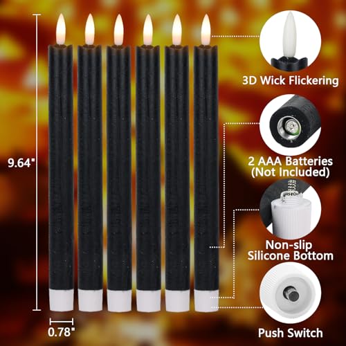 Image of Halloween Flameless Taper Candles with 6 Hour Timer, Battery Operated Black LED Taper Candles Real Wax 3D Wick Flickering Halloween Dinner Table Decor Lights(6 Pack, 0.78 inch x 9.64 inch)