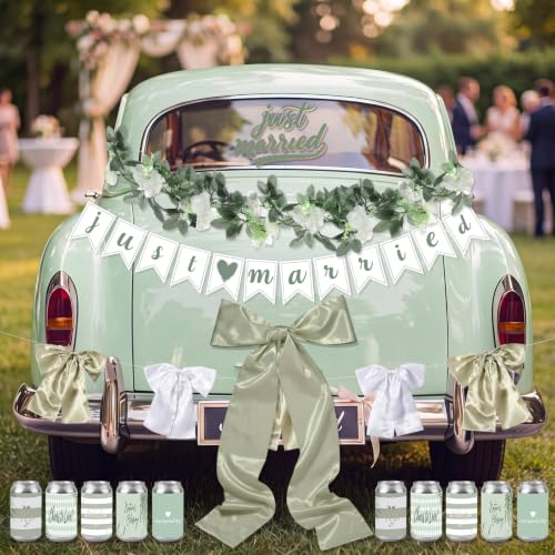 Suncalla 19 Pcs Just Married Car Decoration Wedding Banner Sticker Artificial Flower Car Window Decal Bow Wreath Ribbon for Honeymoon Wedding Reception Ceremony Party Decor Photo Prop (Sage Green)