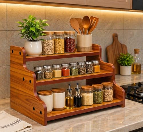 Image of Craftland 3-Tier Spice Rack, Spice Storage Holder, Kitchen Pantry Cabinet Organizer Cupboard, Wood Step Shelf Countertop for Spice Bottles, Jars, Seasonings, Baking Supplies