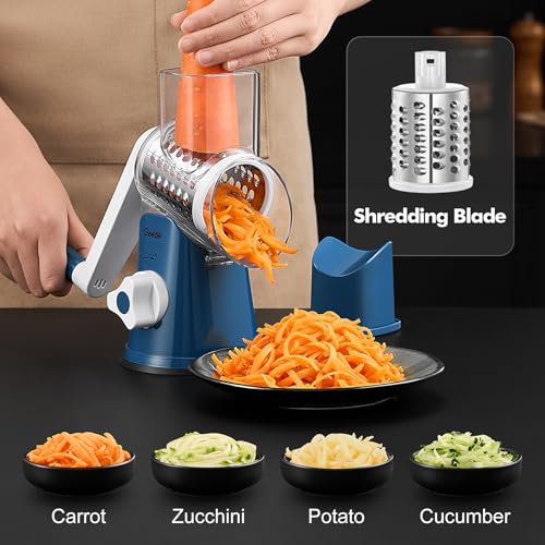 Image of Geedel Rotary Cheese Grater, Kitchen Mandoline Vegetable Slicer with 3 Interchangeable Blades, Easy to Clean Rotary Grater Slicer for Cheese, Vegetables, Nuts