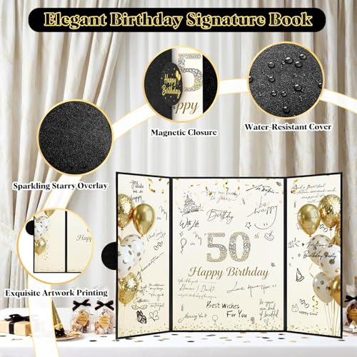 Image of 50th Birthday Guest Book Alternative, Black Gold Signature Board | 16.53 x 11.61 in trifold board, magnetic closure, starlight film, stands upright, pre-printed for 50th birthday wishes