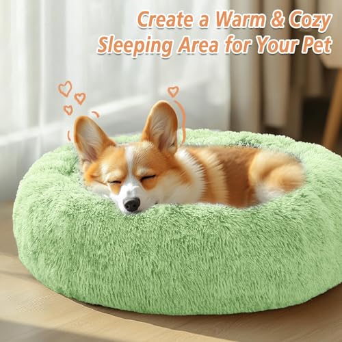Image of JOLLYVOGUE Calming Dog Bed for Small Dogs - 23 inches Donut Washable Small Dog Bed for Kittens & Puppies, Anti-Slip Round Fluffy Plush Faux Fur Cat Beds (Fits up to 25 lbs Pets, Light Green)