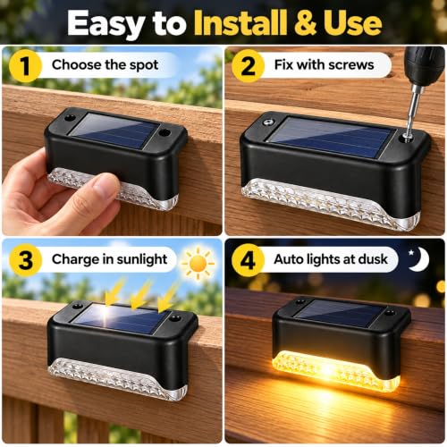 Image of Warm Yellow LED Solar Stair Light Fixture in Black for Nighttime PACK OF 4