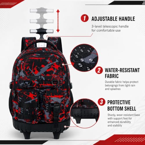 Image of CCJPX 3Pcs Rolling Backpack for Boys, Roller Wheeled School Bookbag, Graffiti Wheels Backpacks with Lunch Box for Kids (Red)