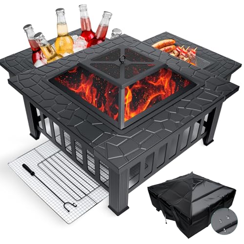 HYCHIKA Brasero Exterior 3 en 1 Cuadrado 86x86x54cm con Parrilla BBQ, Nevera Portátil y Funda - Fire Pit para Jardín, Terraza y Acampada