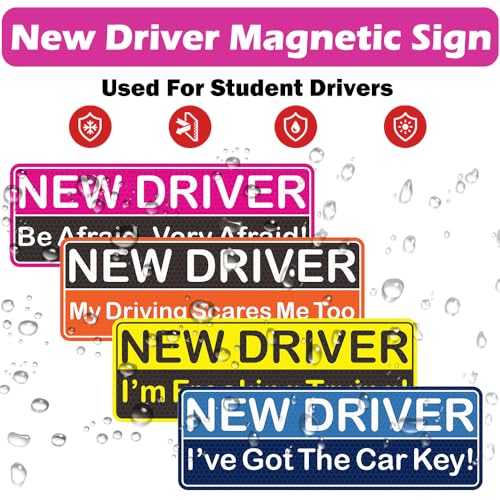 Image of 4 Pack Reflective Student Driver Car Magnet, Funny Magnetic Bumper Sticker Safety Sign Set, New Driver Stickers Supplies for Novice Drivers, Removable, Water Proof, UV Heat Resistant
