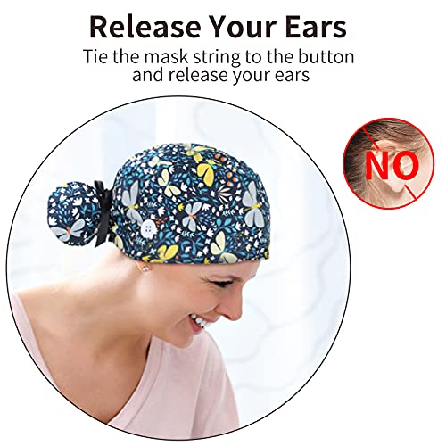 Image of Honoson 6 Pcs Scrub Caps Women with Buttons | Adjustable, Bouffant Surgical Caps, with Ponytail Holder, Cotton Nurse Hats