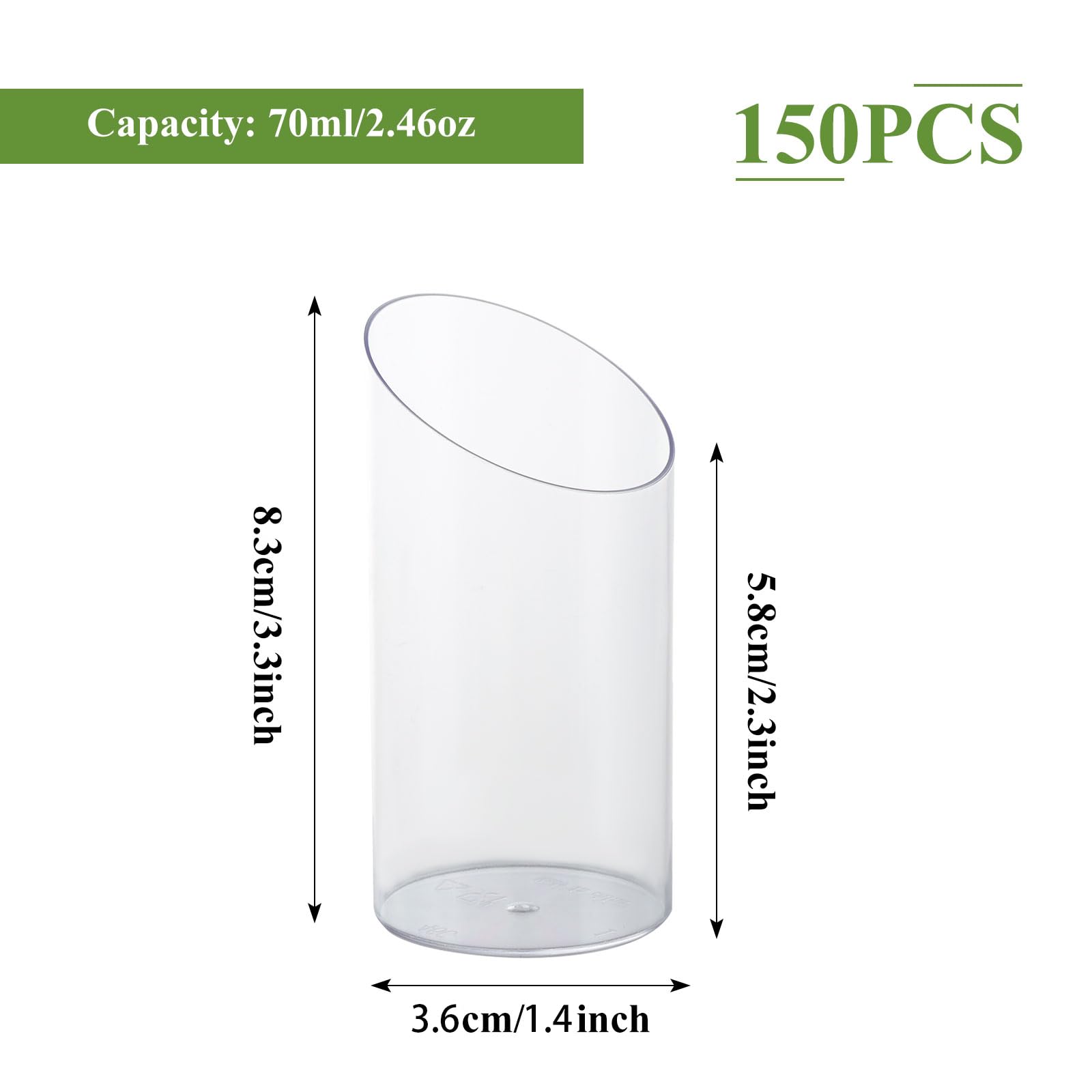 150 mini vasos de postre en ángulo, vasos de postre redondos de 70 ml, vasos de postre transparentes de plástico reutilizables para servir postres, aperitivos, mousse