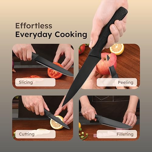 Image of Homero 7 Piece Kitchen Knife Set - 5 Knives Set, 1 Scissor & 1 Knife Holder, Premium Stainless Steel, Non-Stick Knife Set for Kitchen with Stand for Cooking, Cutting, Slicing use