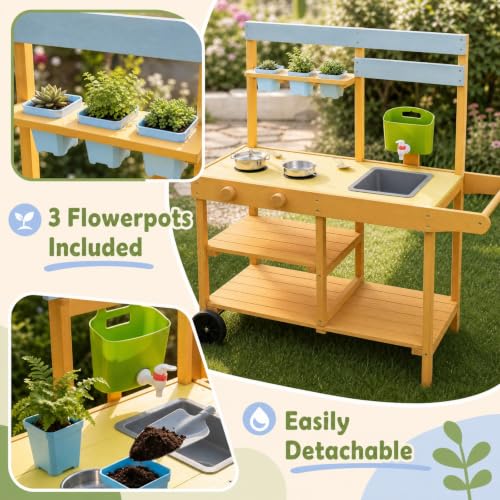Image of HONEY JOY Mud Kitchen with Wheels, Fir Wood Outside Play Kitchen for Toddlers, Realistic Faucet & Water Tank, Stoves, Sink, Storage Shelf, Planter Cups, Mud Table for Kids Outdoor Backyard,Natural